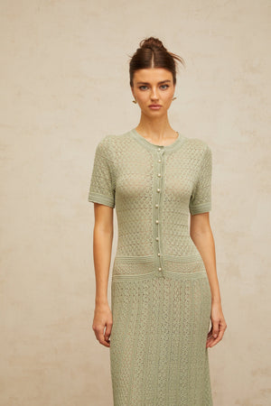 Aurohaya Siena Shirred Crochet-Knit Maxi Dress