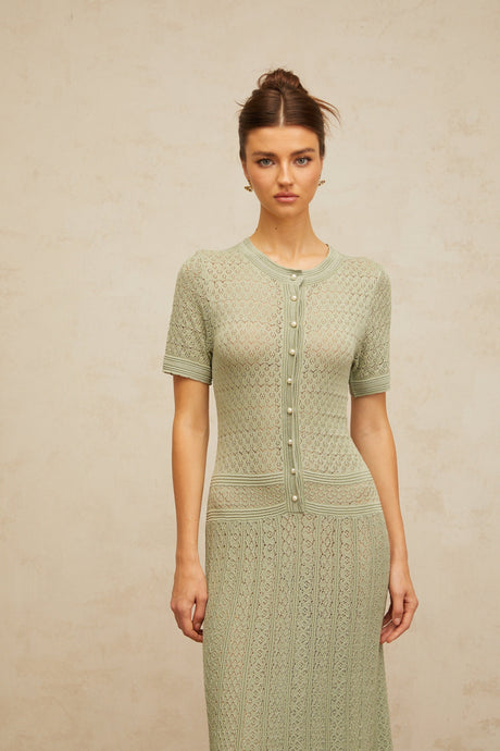 Aurohaya Siena Shirred Crochet-Knit Maxi Dress