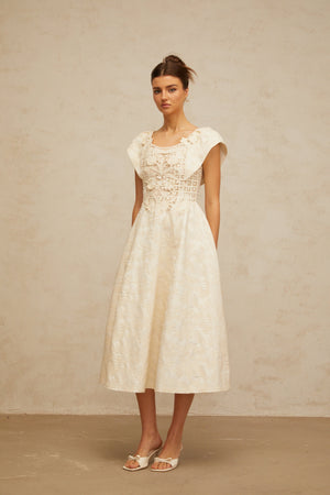 Aurohaya Xenia neutrals floral-embroidered embellished midi dress