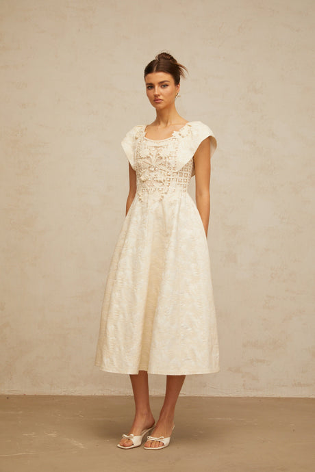 Aurohaya Xenia neutrals floral-embroidered embellished midi dress