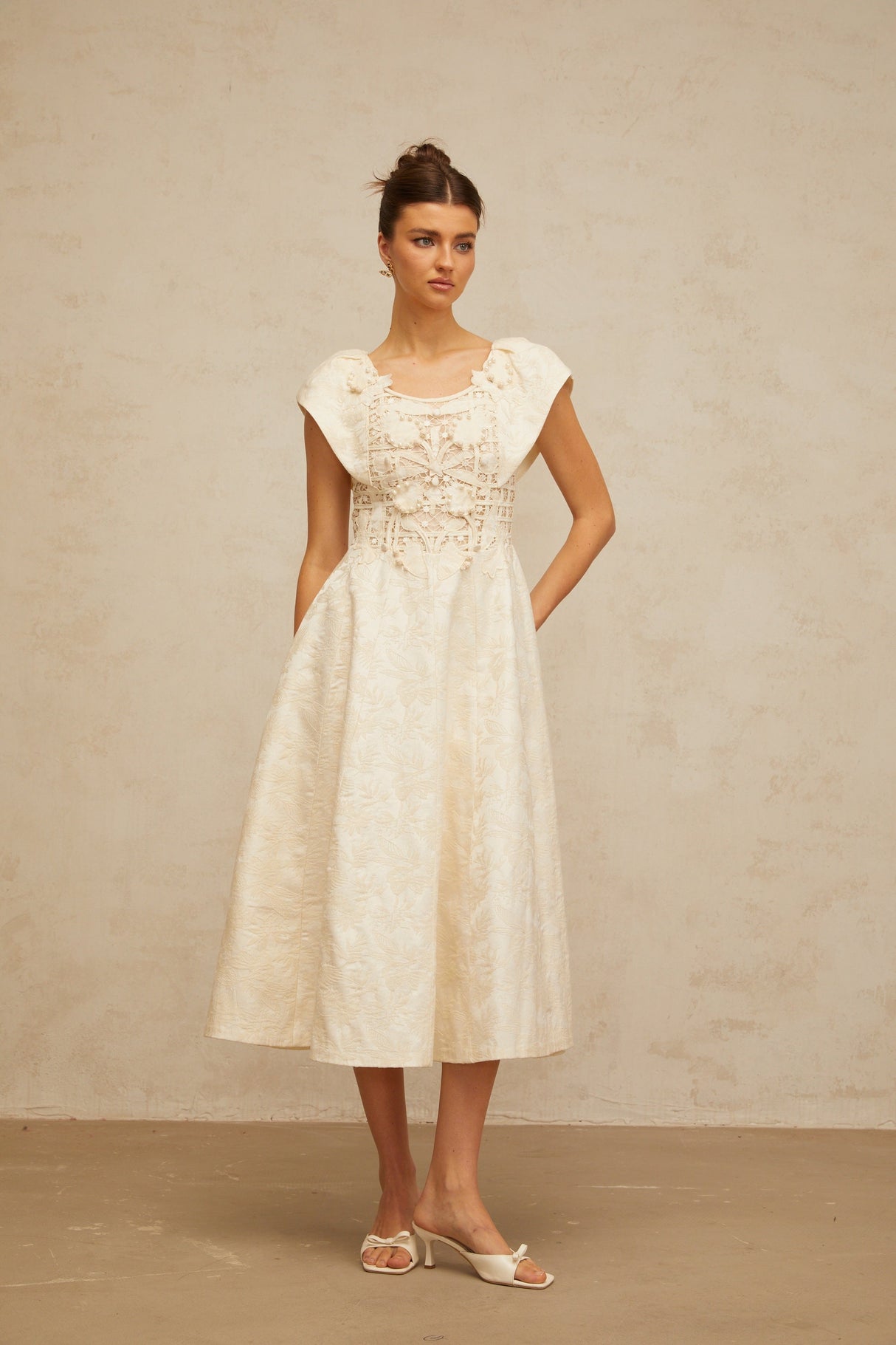 Aurohaya Xenia neutrals floral-embroidered embellished midi dress