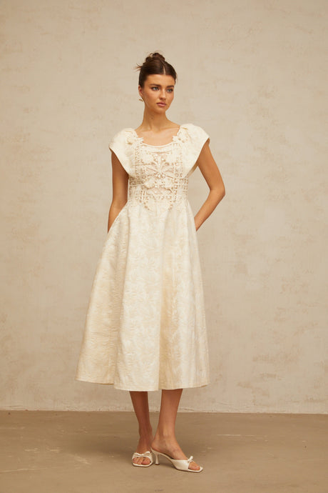 Aurohaya Xenia neutrals floral-embroidered embellished midi dress