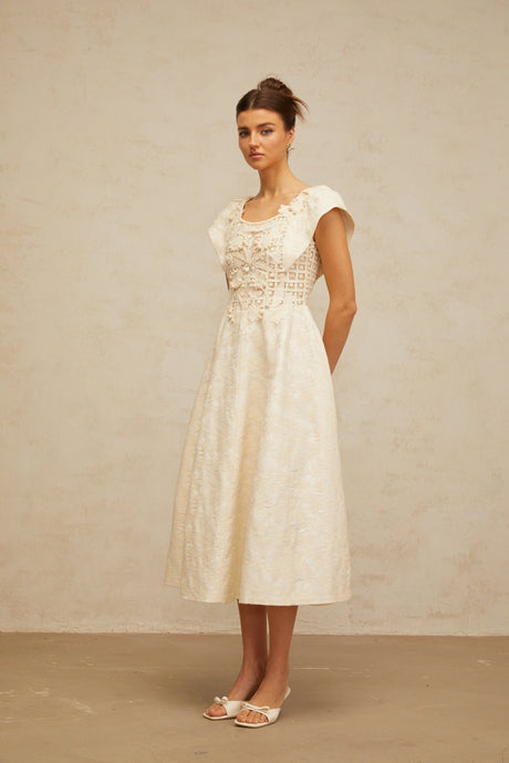 Aurohaya Xenia neutrals floral-embroidered embellished midi dress