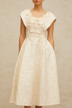 Aurohaya Xenia neutrals floral-embroidered embellished midi dress