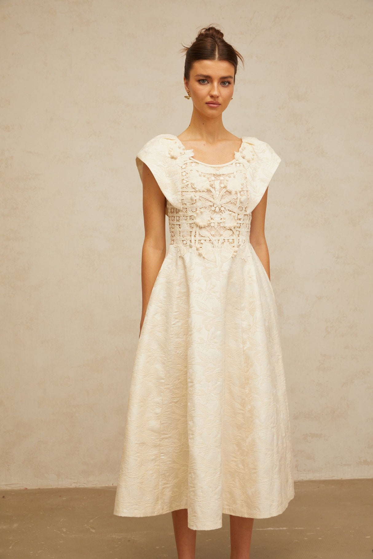Aurohaya Xenia neutrals floral-embroidered embellished midi dress