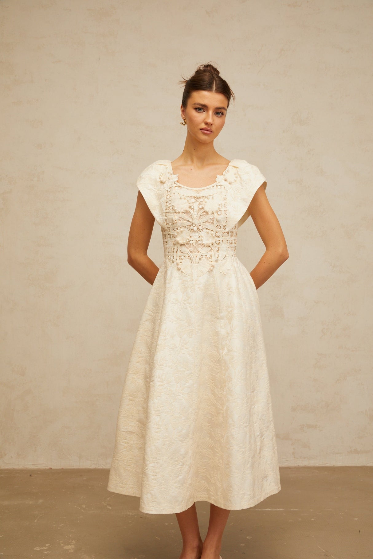 Aurohaya Xenia neutrals floral-embroidered embellished midi dress