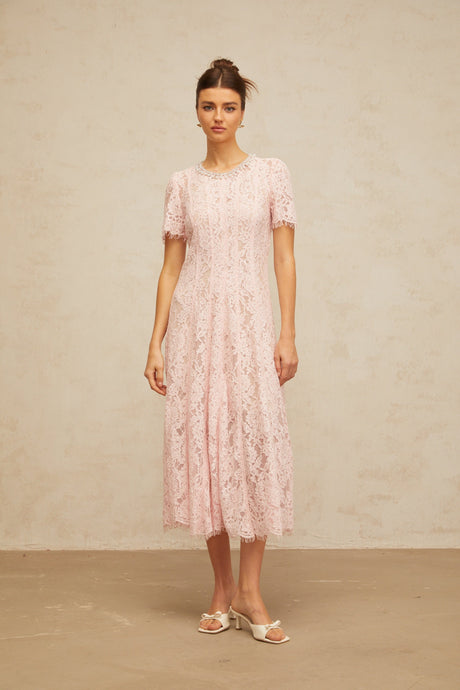 Aurohaya Dulcie pink embellished floral-lace midi dress