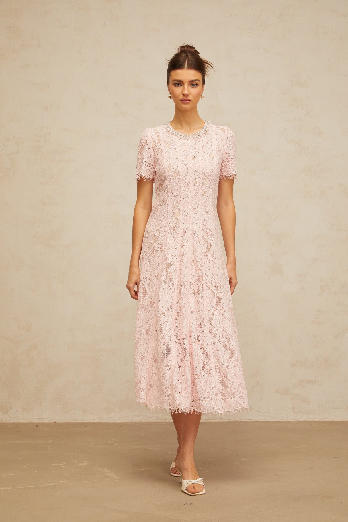 Aurohaya Dulcie pink embellished floral-lace midi dress