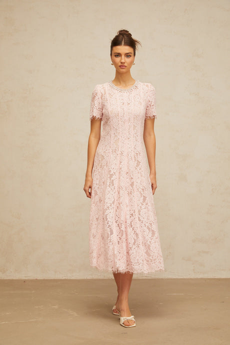 Aurohaya Dulcie pink embellished floral-lace midi dress