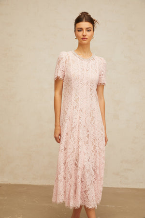 Aurohaya Dulcie pink embellished floral-lace midi dress