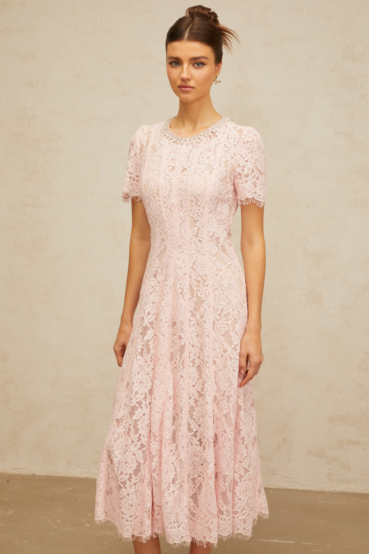 Aurohaya Dulcie pink embellished floral-lace midi dress