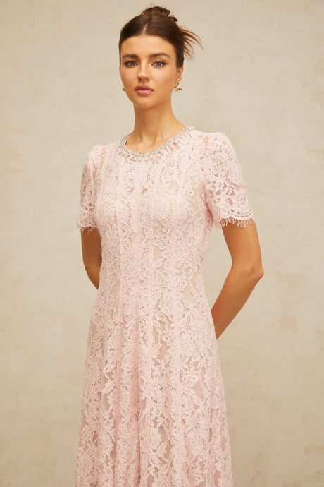 Aurohaya Dulcie pink embellished floral-lace midi dress