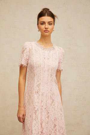 Aurohaya Dulcie pink embellished floral-lace midi dress