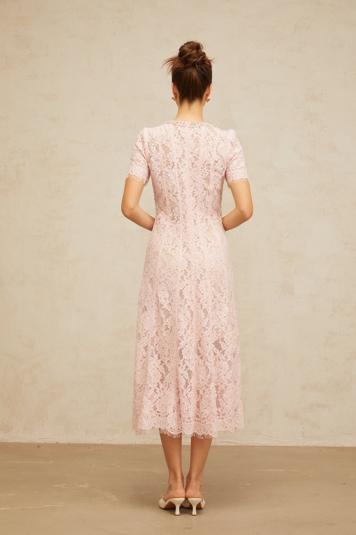 Aurohaya Dulcie pink embellished floral-lace midi dress