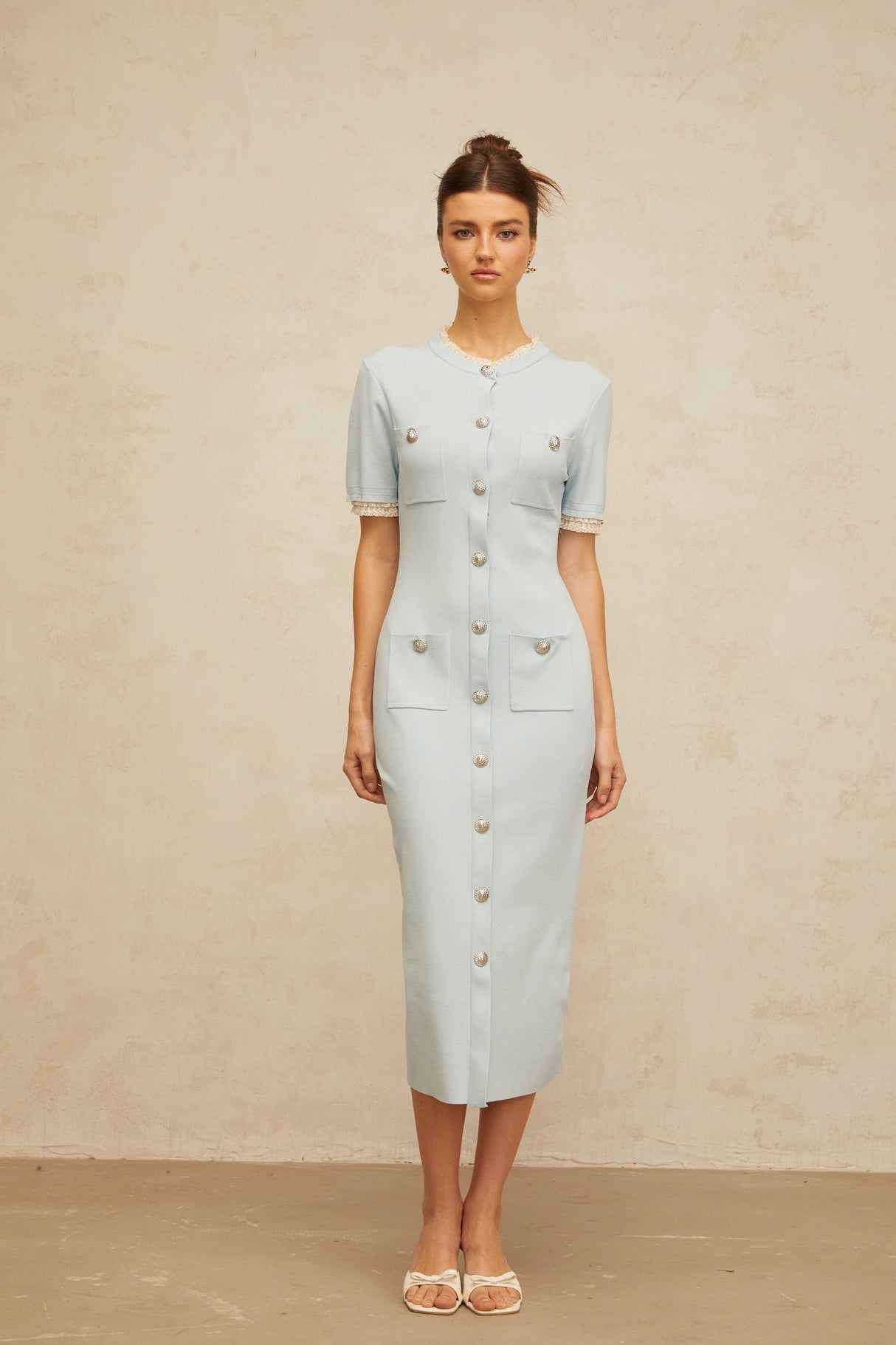 Aurohaya Mélisande light-blue pencil-silhouette knit midi dress