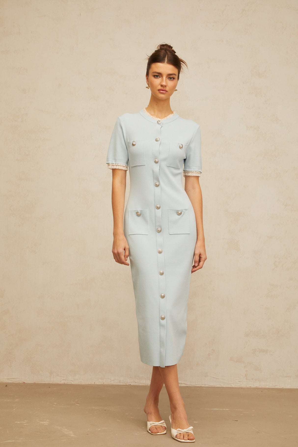 Aurohaya Mélisande light-blue pencil-silhouette knit midi dress