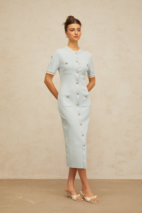 Aurohaya Mélisande light-blue pencil-silhouette knit midi dress