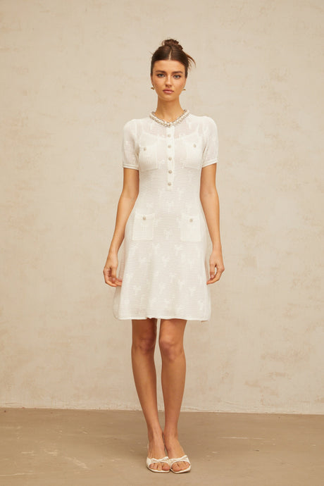 Aurohaya Marjolaine white embellished crochet-knit mini dress