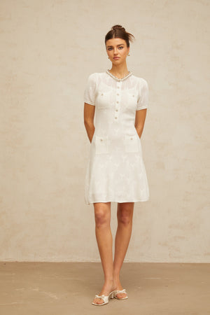 Aurohaya Marjolaine white embellished crochet-knit mini dress