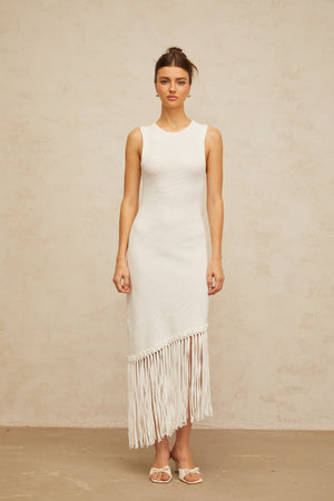 Aurohaya Mélisande white fringed-detail knit maxi dress