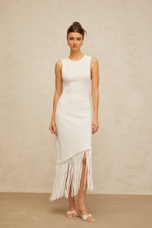 Aurohaya Mélisande white fringed-detail knit maxi dress