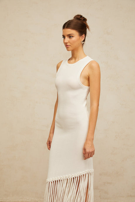Aurohaya Mélisande white fringed-detail knit maxi dress