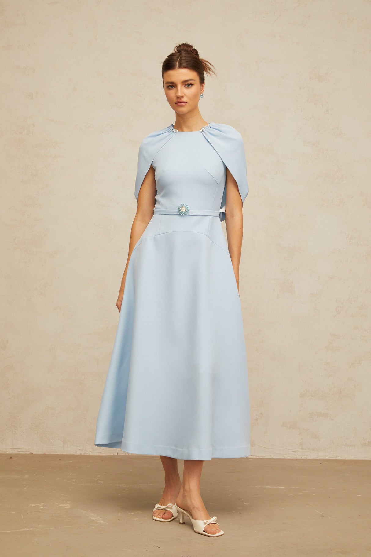 Aurohaya Lina blue shawl-panel embellished midi dress