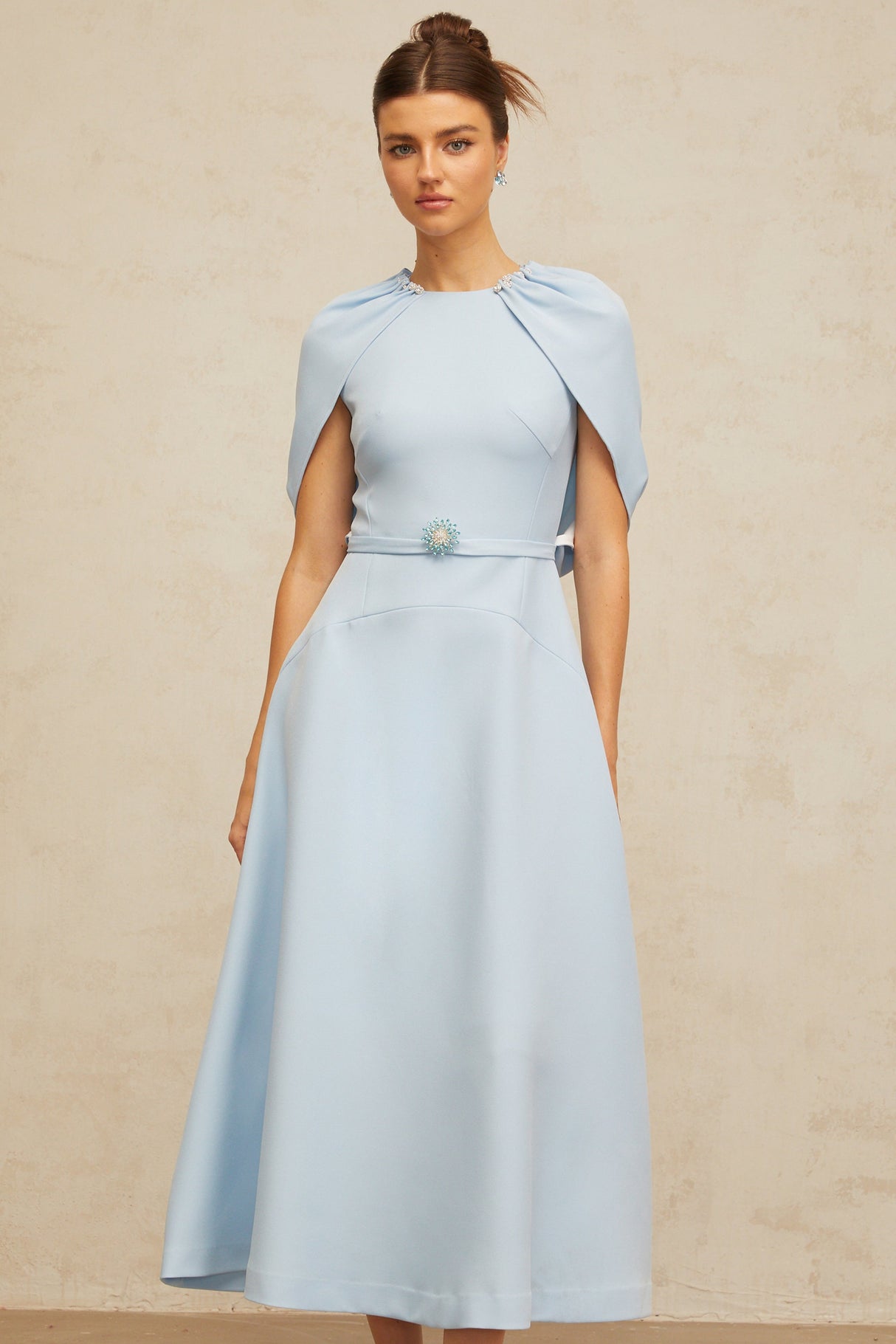 Aurohaya Lina blue shawl-panel embellished midi dress