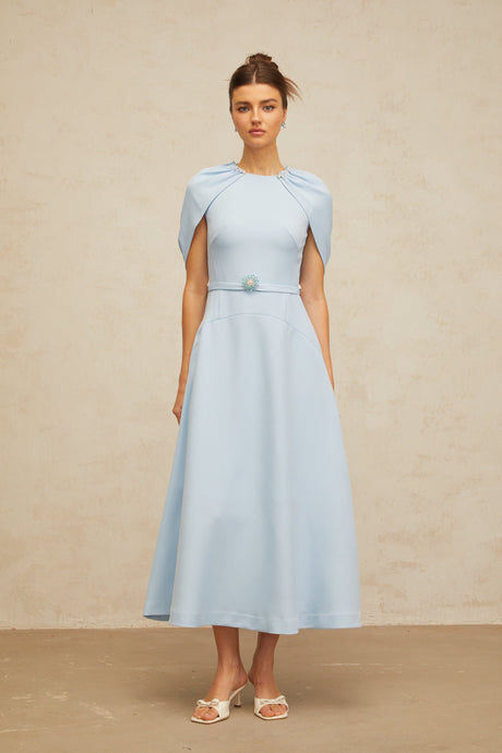 Aurohaya Lina blue shawl-panel embellished midi dress