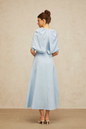 Aurohaya Lina blue shawl-panel embellished midi dress