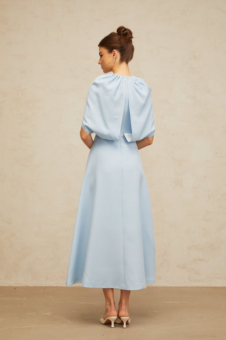 Aurohaya Lina blue shawl-panel embellished midi dress