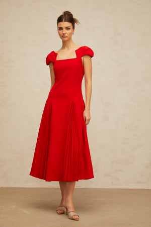 Aurohaya Gervaise red pleated-detail flared midi dress