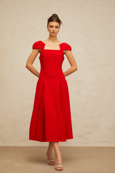 Aurohaya Gervaise red pleated-detail flared midi dress