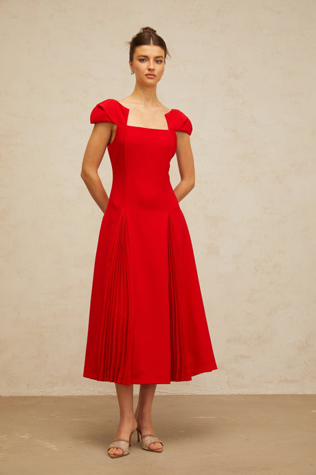 Aurohaya Gervaise red pleated-detail flared midi dress