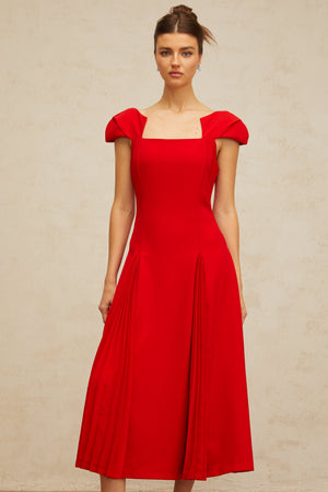 Aurohaya Gervaise red pleated-detail flared midi dress