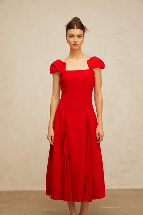 Aurohaya Gervaise red pleated-detail flared midi dress