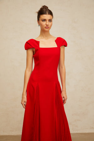 Aurohaya Gervaise red pleated-detail flared midi dress
