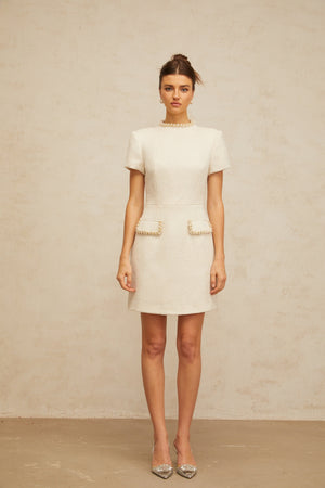 Aurohaya Jeanne white embellished tweed mini dress