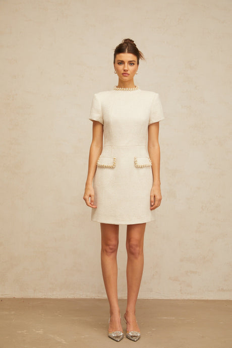 Aurohaya Jeanne white embellished tweed mini dress