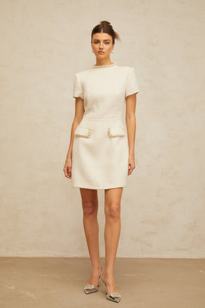 Aurohaya Jeanne white embellished tweed mini dress