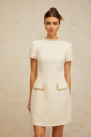 Aurohaya Jeanne white embellished tweed mini dress