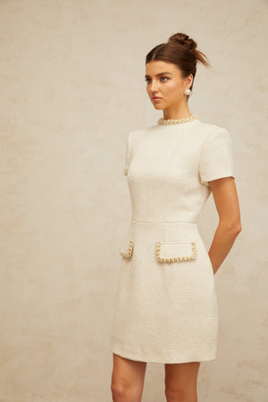 Aurohaya Jeanne white embellished tweed mini dress