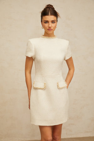 Aurohaya Jeanne white embellished tweed mini dress