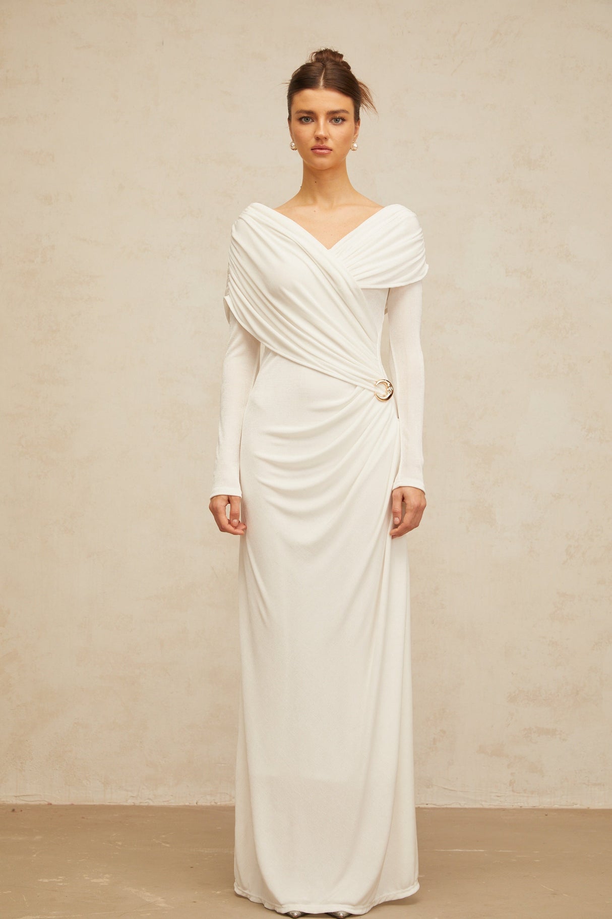 Aurohaya Hélène ruched fitted stretch maxi dress in White