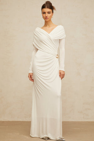 Aurohaya Hélène ruched fitted stretch maxi dress in White