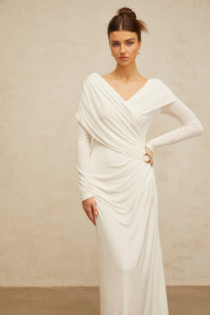 Aurohaya Hélène ruched fitted stretch maxi dress in White