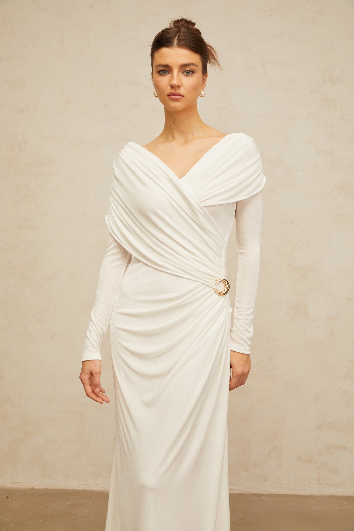 Aurohaya Hélène ruched fitted stretch maxi dress in White