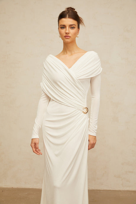 Aurohaya Hélène ruched fitted stretch maxi dress in White