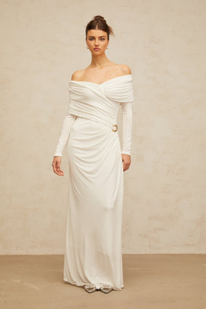 Aurohaya Hélène ruched fitted stretch maxi dress in White