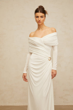 Aurohaya Hélène ruched fitted stretch maxi dress in White